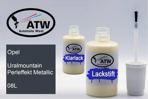 Opel, Uralmountain Perleffekt Metallic, 08L: 20ml Lackstift + 20ml Klarlack - Set, von ATW Autoteile West.